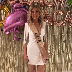 White plunge fringe dress